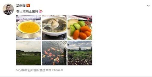 吴奇隆晒孕妇餐 看来刘诗诗被照顾的不错!