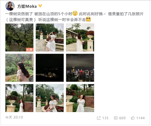 方媛借美景拍照片解闷 因大树倒塌被困山里五小时!