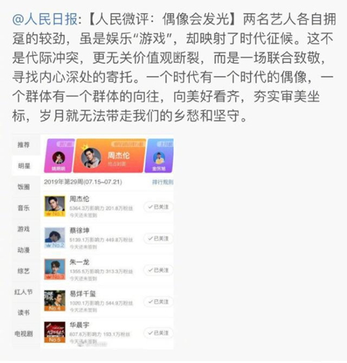 周杰伦回应打榜 人民日报评打榜“偶像会发光”