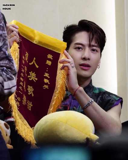 王嘉尔被粉丝送锦旗 嘎嘎穿旗装表情呆萌可爱